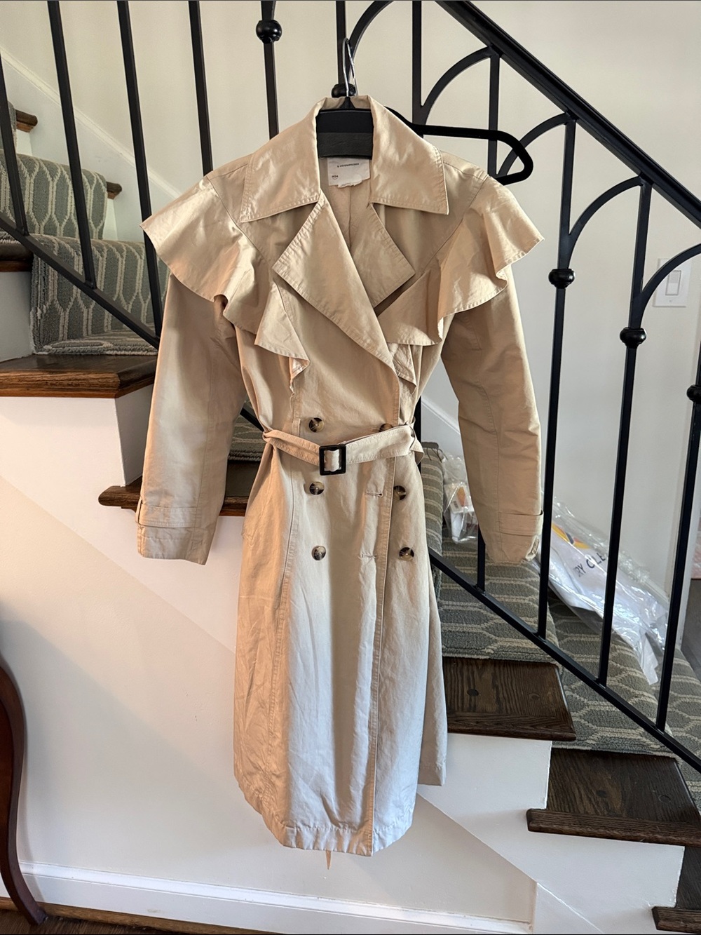 Anthropologie Cream Ruffle-Trim Double-Breasted Trench Coat